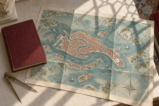 Editorial illustration of an imaginary lagoon map, burgundy ledger and nautical divider on a sunlit reading table.