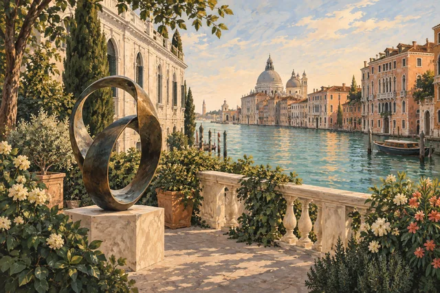 Editorial illustration of an imagined Venetian canal-side garden with a pale terrace and an original abstract loop sculpture.