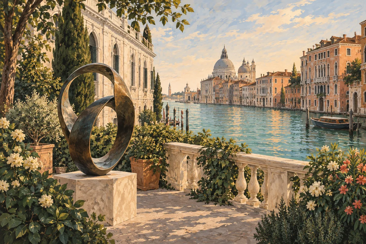 Editorial illustration of an imagined Venetian canal-side garden with a pale terrace and an original abstract loop sculpture.