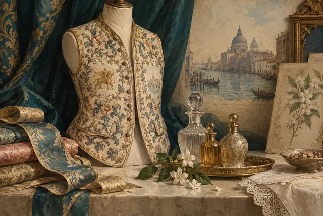 Editorial illustration of a patterned waistcoat, folded textiles, glass scent bottles and a botanical sprig inspired by Venetian dress and perfume history.