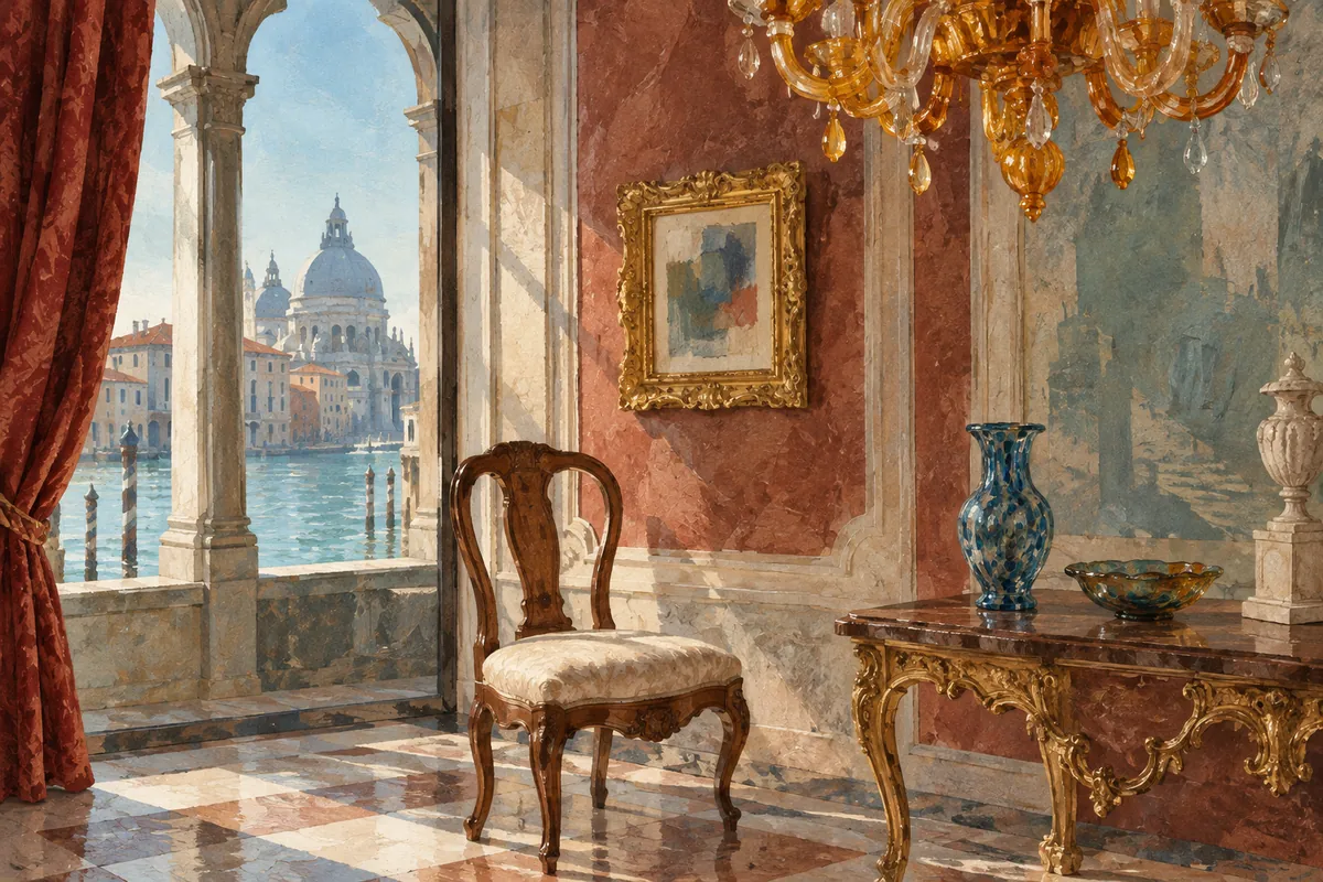Editorial illustration of a curved wooden chair, amber chandelier and gilded frame in an imagined Venetian palace interior.