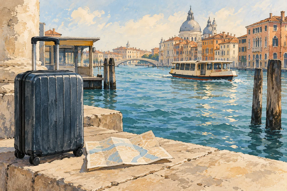 Editorial illustration of a compact suitcase and folded map beside an imagined Venetian canal, with a waterbus and pale facades beyond.