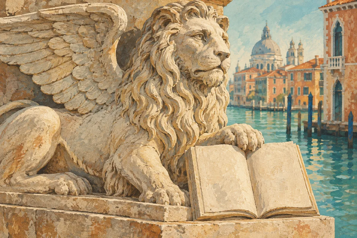 Editorial illustration of an imagined Venetian winged-lion stone relief with a blank open book, a canal and warm-colored facades.
