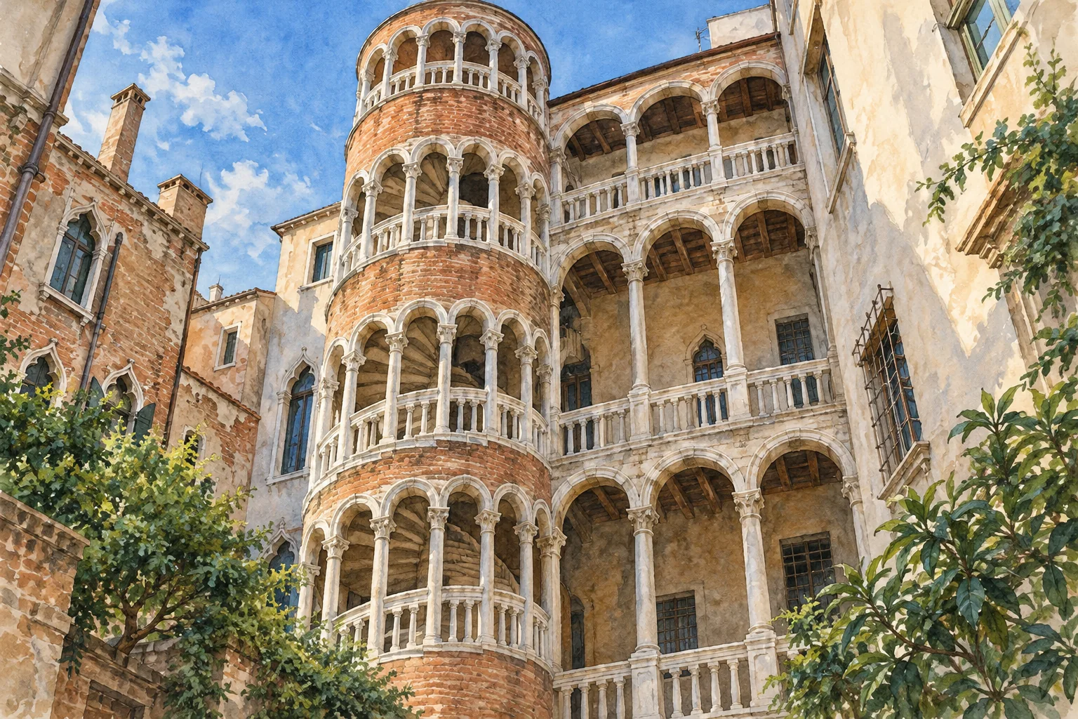 Interpretive editorial watercolor of a Venetian brick spiral stair tower with pale stone arches and adjoining loggias, inspired by the Scala del Bovolo.