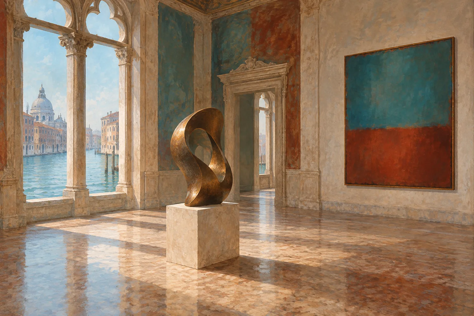Conceptual editorial painting of invented modern artworks in a Venetian palace gallery, not a reproduction of Ca’ Pesaro’s rooms or collection.