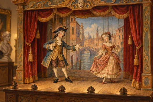 Editorial painting of an invented wooden puppet stage with red curtains and two marionettes, not a replica of the historic theatre at Casa Goldoni.