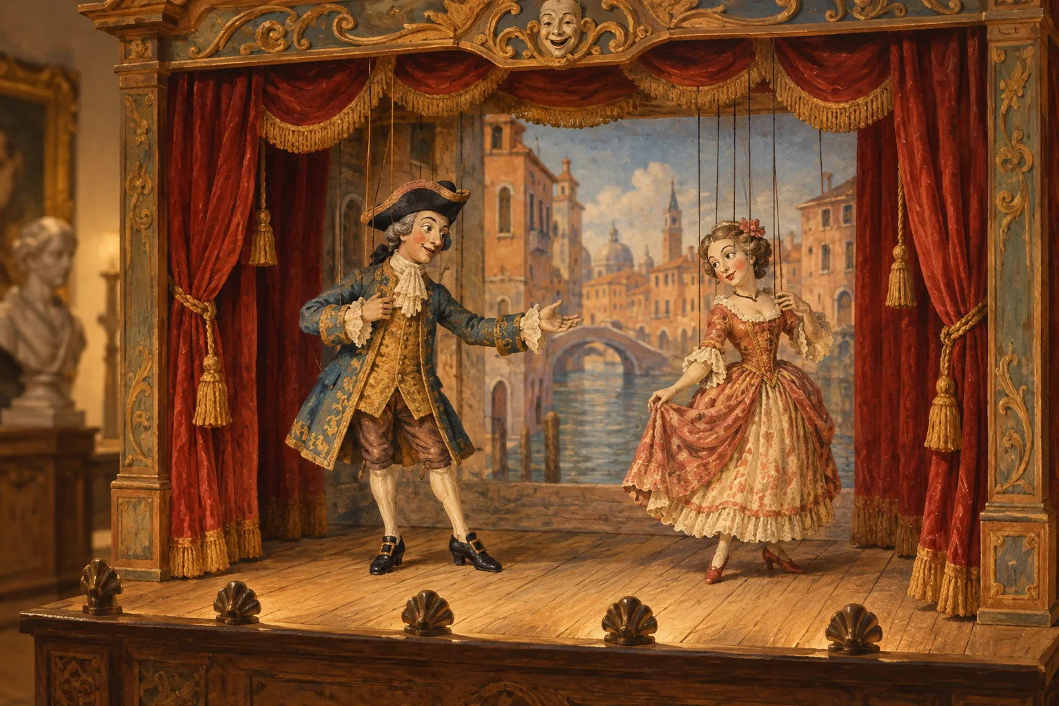 Editorial painting of an invented wooden puppet stage with red curtains and two marionettes, not a replica of the historic theatre at Casa Goldoni.