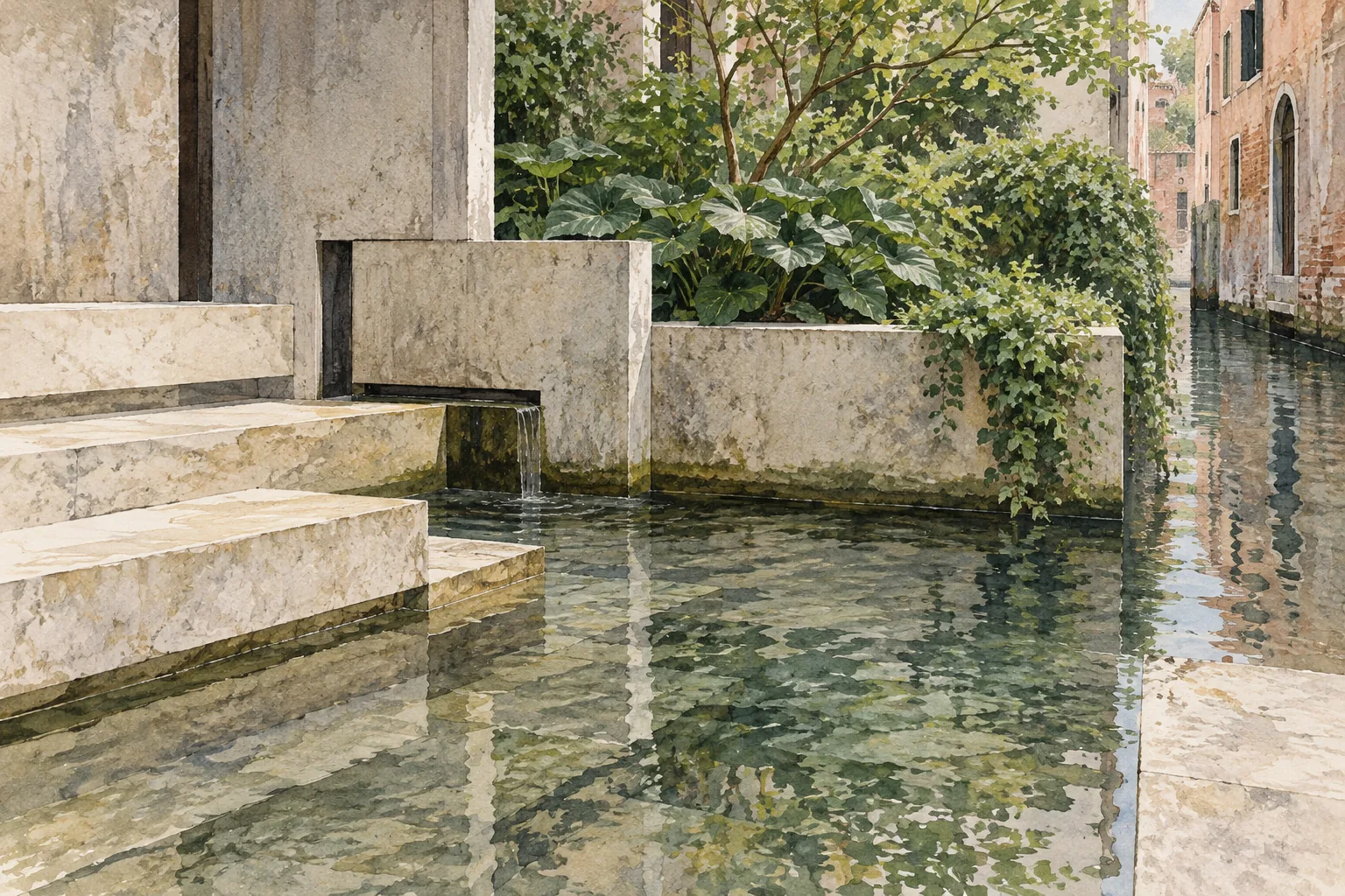 Editorial watercolor of a water channel, stone steps and garden planting, an architectural interpretation inspired by Carlo Scarpa rather than an exact Querini Stampalia view.