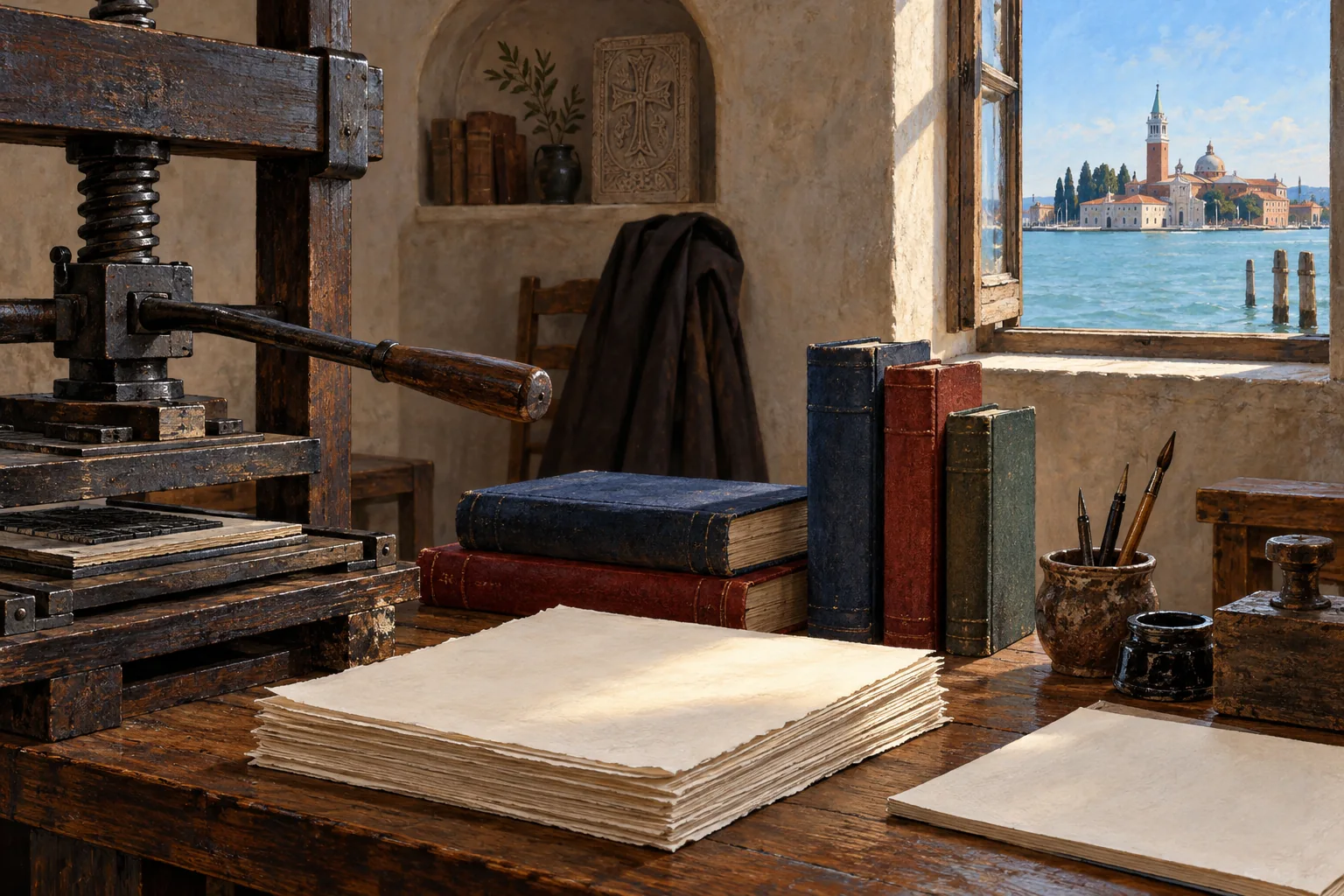 Editorial illustration of a printing press, closed books and blank paper beside a lagoon window, a conceptual Armenian cultural-workshop scene rather than an actual San Lazzaro room.