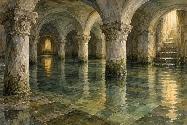 Editorial watercolor of low crypt vaults and shallow reflective water, a conceptual San Zaccaria-inspired scene that does not show current access or tide conditions.