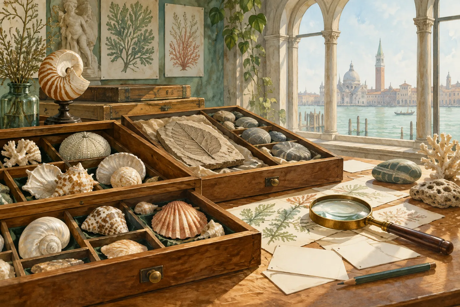 Editorial watercolor of shells, a fossil-leaf impression, stones and a magnifying glass in wooden drawers, an invented study arrangement rather than actual museum specimens.
