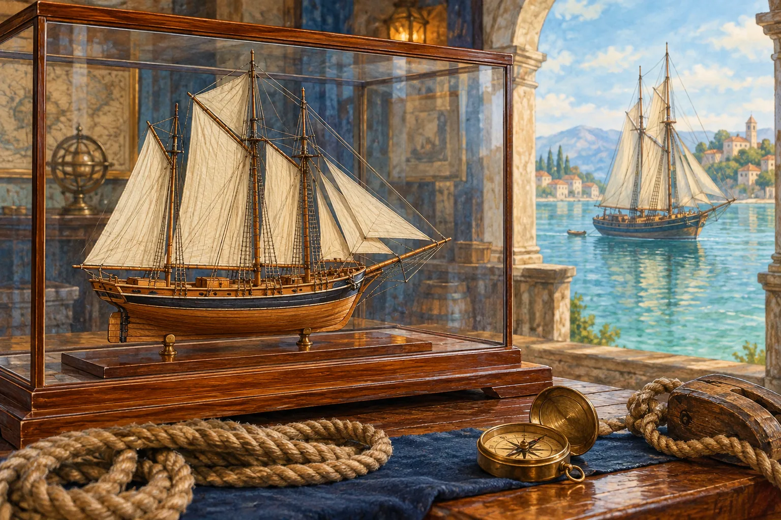 Editorial watercolor of an invented wooden sailing-boat model in a glass case beside rope and a compass, a conceptual scene rather than an actual Naval History Museum exhibit.