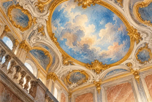 Editorial watercolour of an invented Venetian decorative ceiling with blue cloud shapes, gilded frames and white stucco, not a reproduction of Tiepolo’s paintings or the Carmini interior.