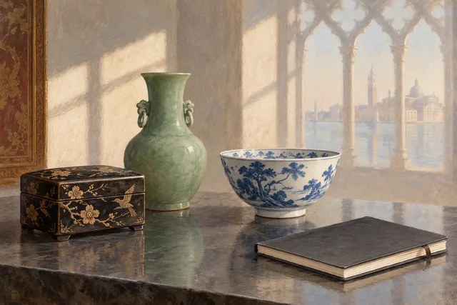Editorial pastel still life of invented lacquer-like, jade-inspired and ceramic vessels beside a notebook and Venetian window reflection, not identified museum artifacts.