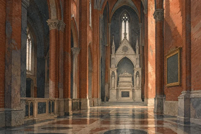 Ink-and-wash editorial illustration of an imagined Venetian Gothic nave with an invented pale funerary monument; not an actual Frari interior or historical reconstruction.