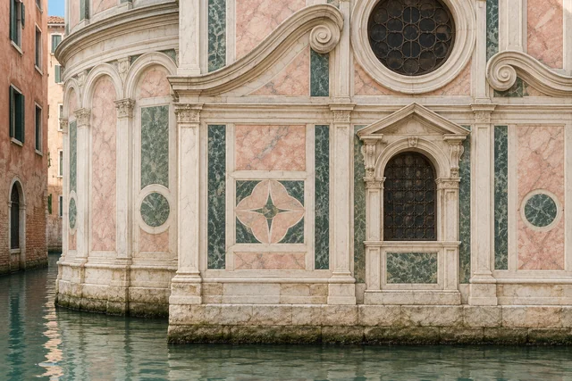 Pastel editorial illustration of invented pink and green marble facade panels beside canal water; not an exact Santa Maria dei Miracoli view or reconstruction.