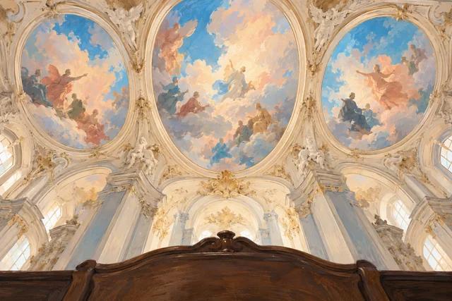 Pastel editorial interpretation of an imagined Venetian church ceiling with three cloud-filled panels; not a reproduction of Tiepolo’s paintings or a photograph of the Gesuati.
