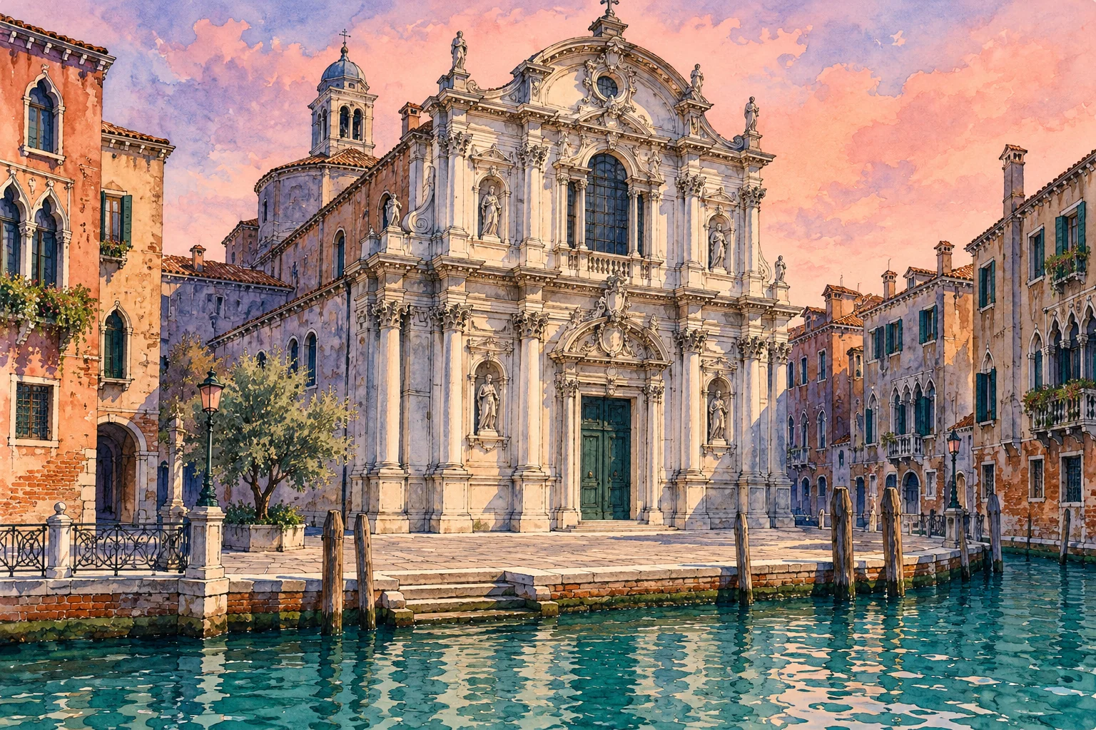 Watercolour editorial illustration of an invented Venetian church facing a canal and small campo; not a measured view of San Stae or a historical reconstruction.