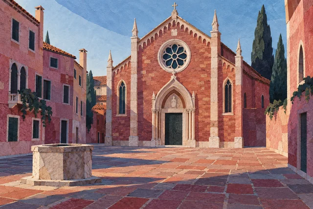 Cut-paper editorial illustration of an invented Venetian brick church facing a paved campo; not an exact view of Madonna dell’Orto.