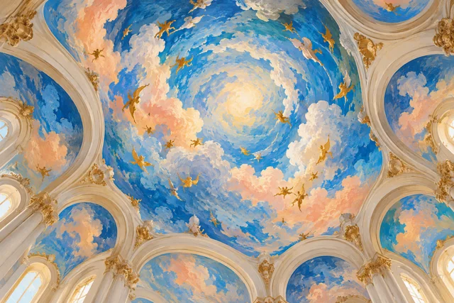 Pastel editorial illustration of an imagined church ceiling with blue clouds and golden forms; not Fumiani’s painting or a photograph of San Pantalon.