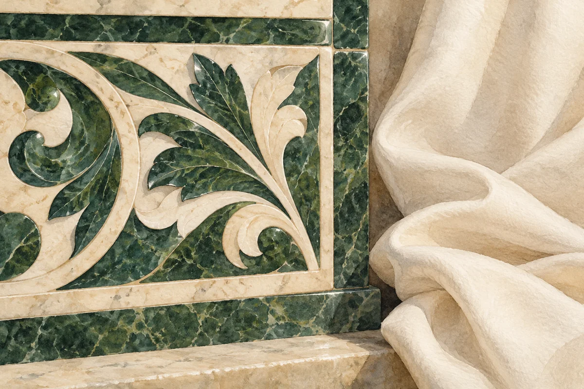 Editorial illustration of an invented green-and-cream stone panel beside folded cloth; a material comparison, not an actual detail from the Gesuiti church.