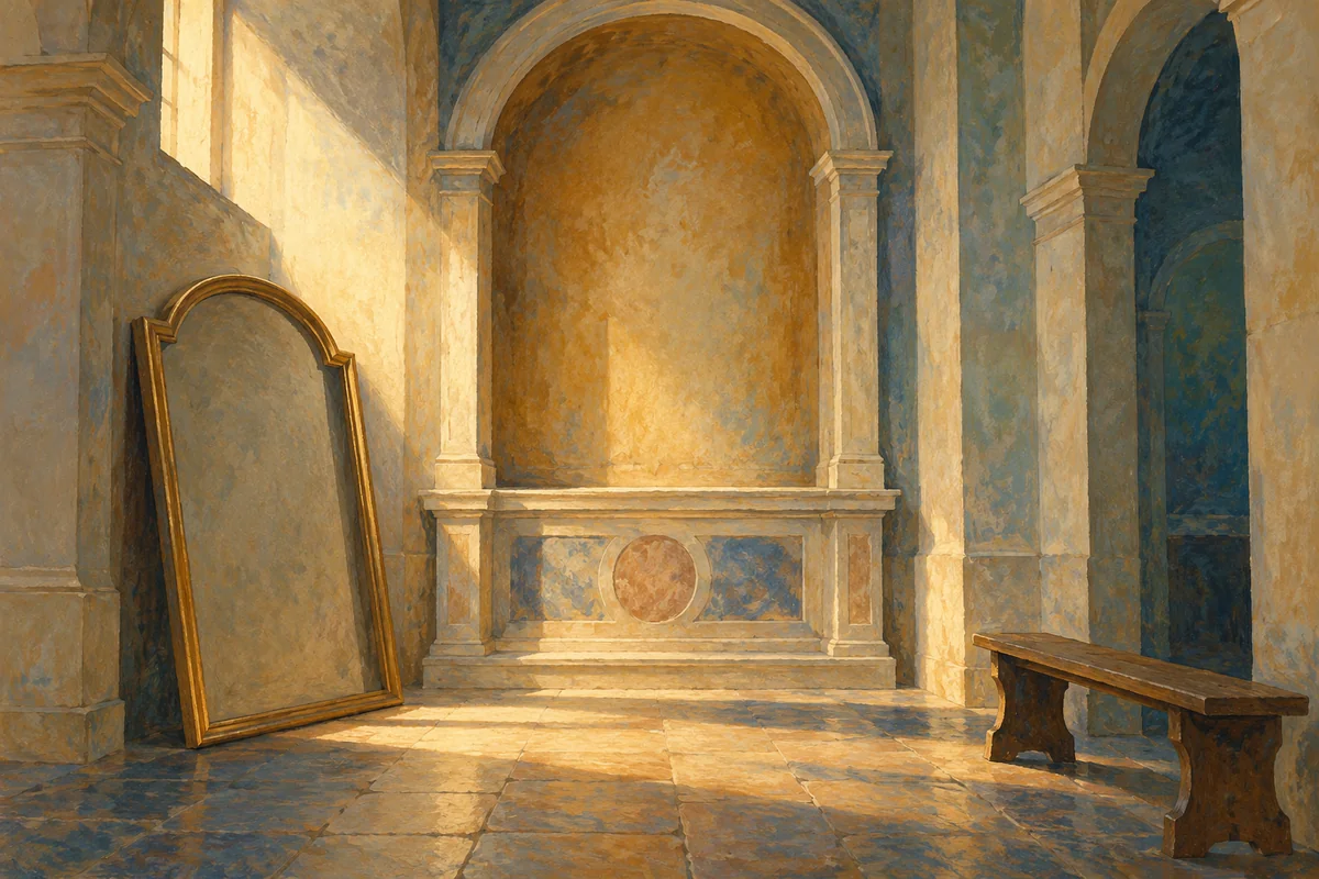 Watercolour editorial illustration of an invented chapel niche and empty arched frame; a metaphor for changed artistic context, not San Giobbe’s actual interior.