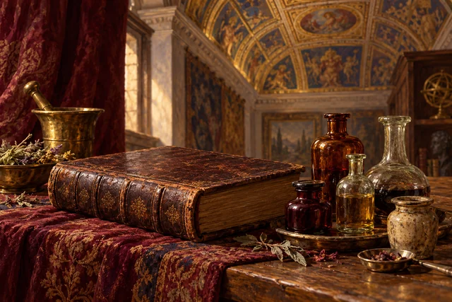 Editorial illustration of an imagined old book and medicine vessels beneath a decorated ceiling; not an actual hospital room or museum arrangement.