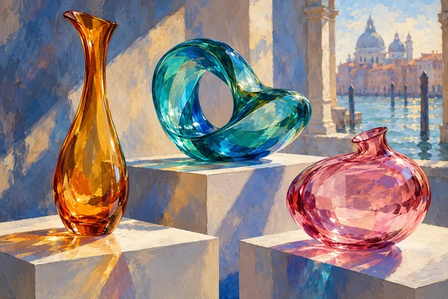 Painterly editorial illustration of imagined amber, turquoise and pink glass forms; not actual works or an installation at Le Stanze del Vetro.