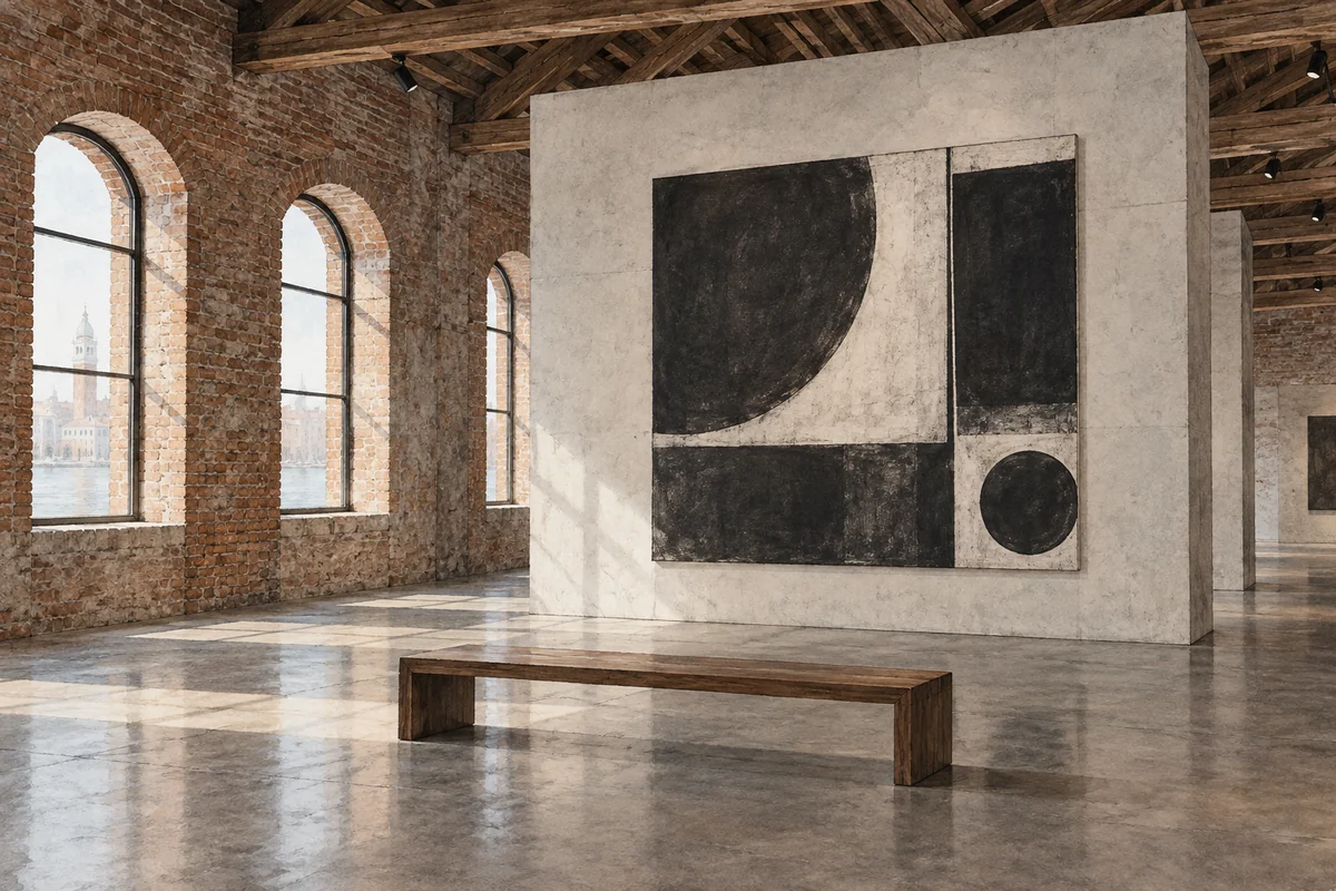 Charcoal-and-watercolour editorial illustration of an imagined brick warehouse gallery, concrete partition and abstract artwork; not an actual Punta della Dogana room or exhibition.
