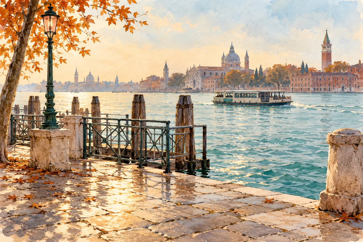 Watercolour editorial illustration of an imagined Venetian waterfront landing and passing waterbus; not a precise Giudecca view or route map.
