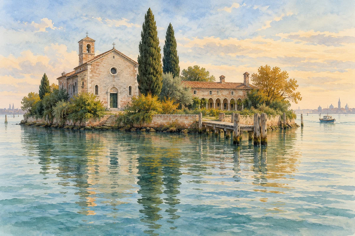 Watercolour editorial illustration of an imagined lagoon monastery island, cypresses and boat landing; not exact San Francesco del Deserto geography or a tour photograph.