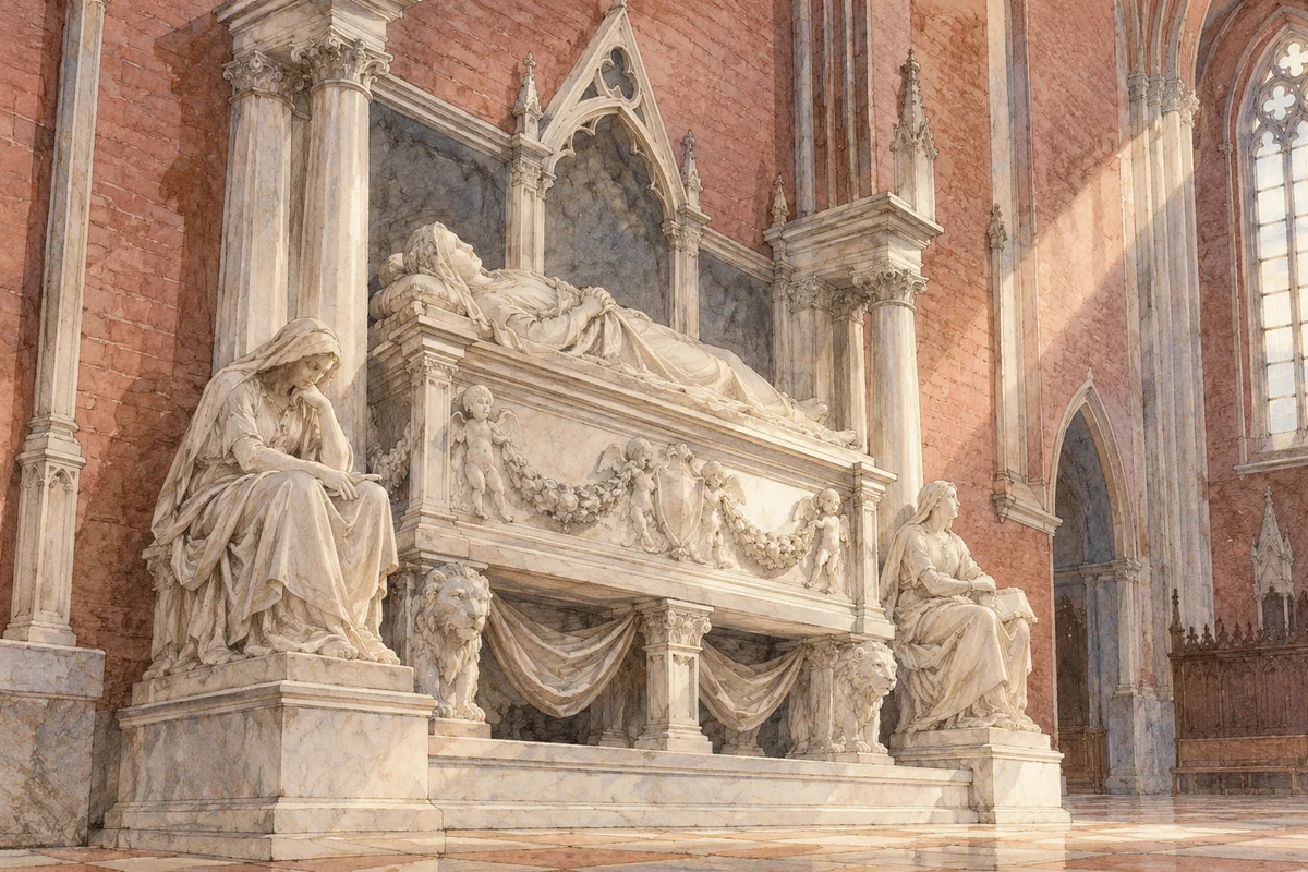 Watercolour editorial illustration of an invented marble funerary monument against a Gothic brick wall; not an actual doge’s tomb or identifiable historical portrait.