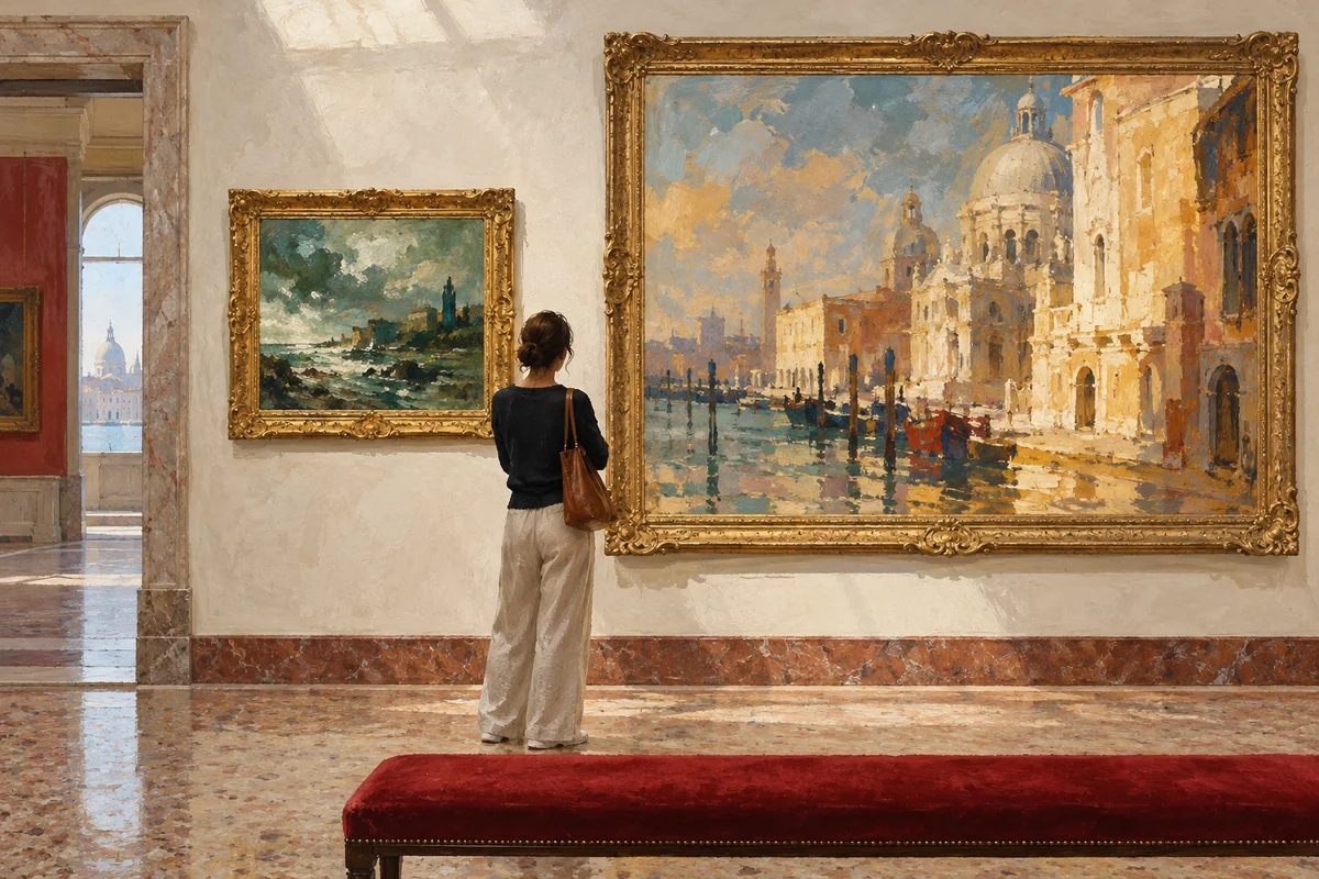 Gouache editorial illustration of a visitor studying two invented landscape and architectural paintings; not actual Accademia works or an exact gallery interior.