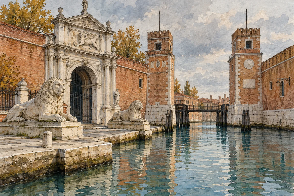 Watercolour editorial interpretation of a Venetian brick maritime gateway, canal and stone lions; an invented composition, not an exact Arsenale view or promise of entry.