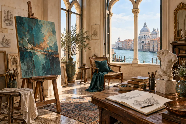 An airy art studio with an abstract painting, a small sculpture and an open sketchbook