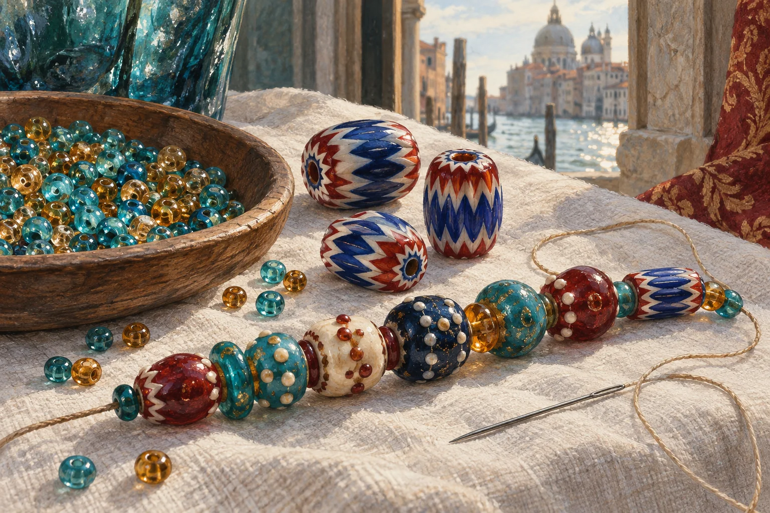 Editorial still-life illustration of Venetian-style glass seed, chevron and lampworked beads with thread on pale linen.