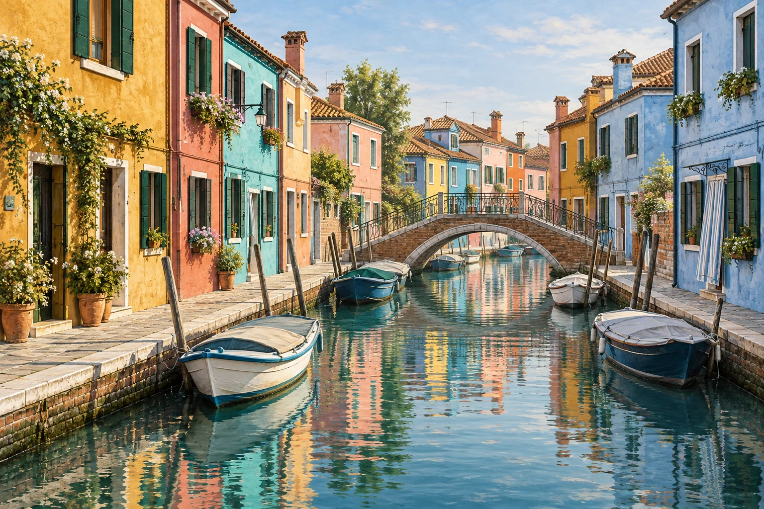 Colorful Burano-style houses and small boats reflected in a quiet canal