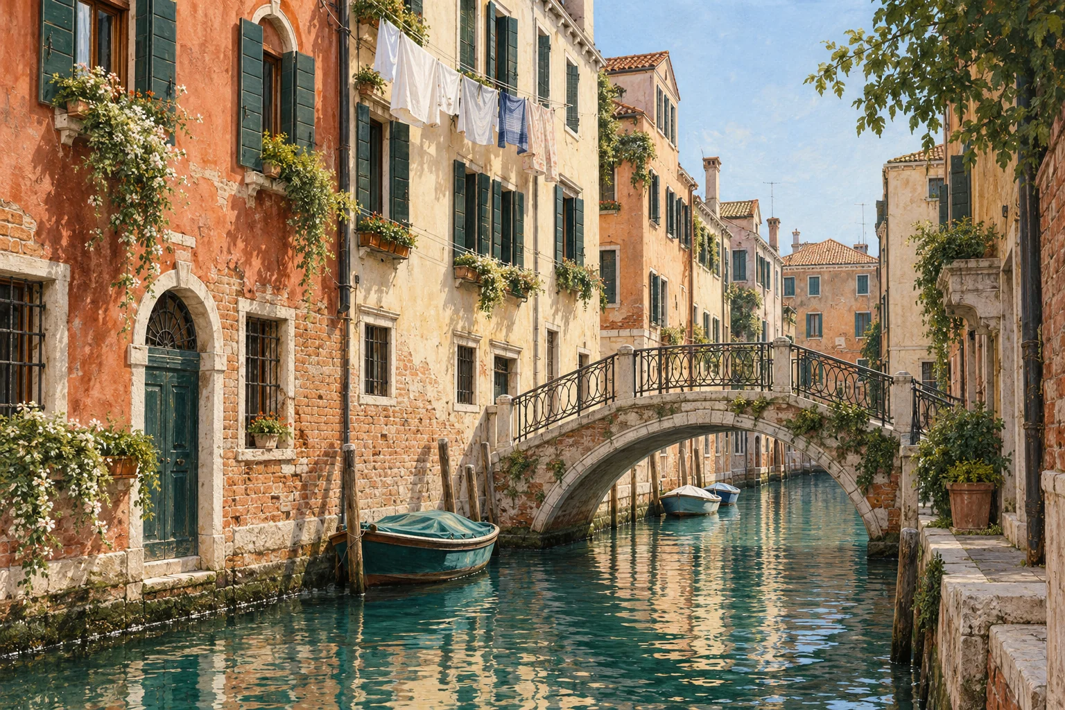 A narrow Venetian canal lined with shuttered houses, laundry and a stone footbridge