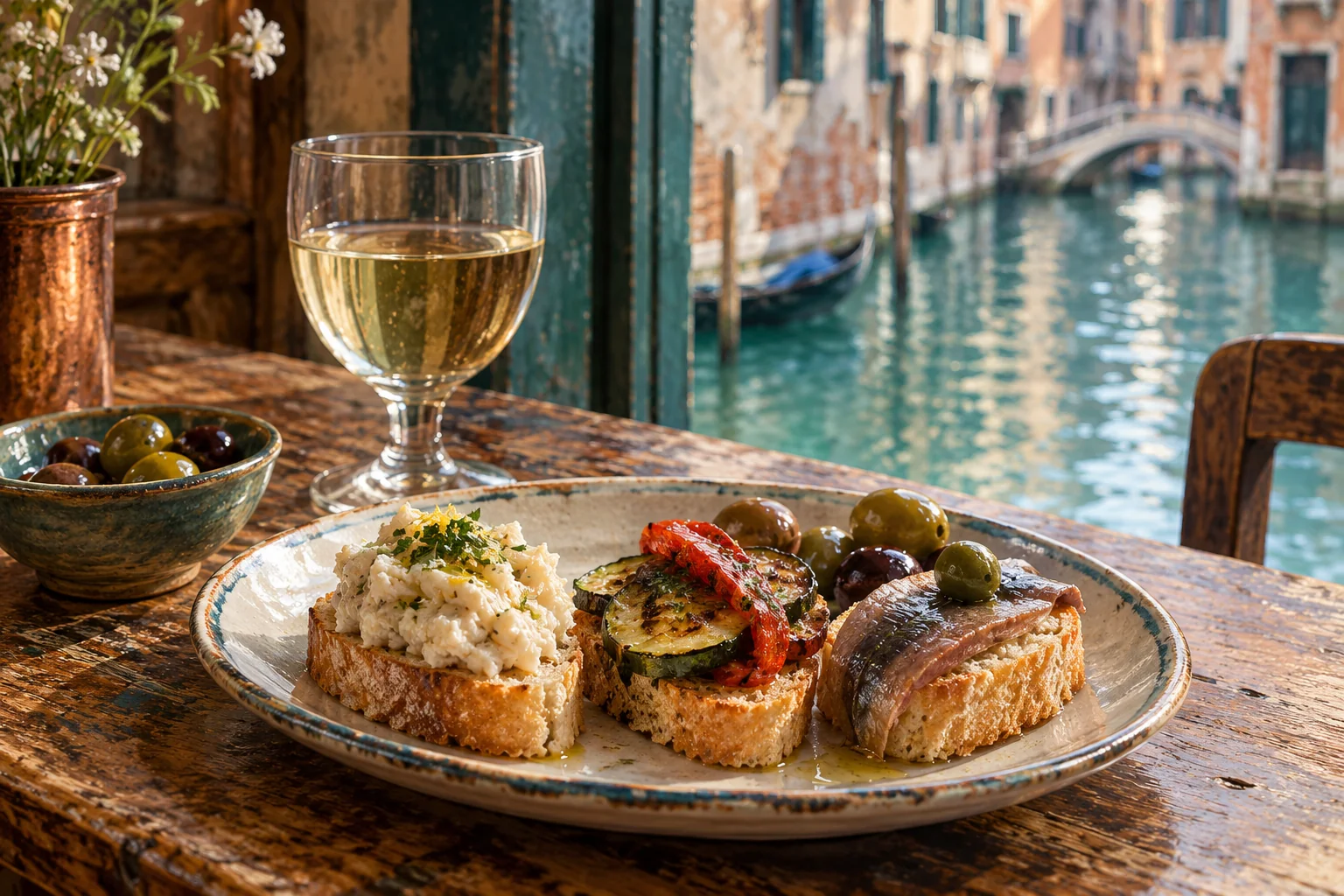 Small Venetian cicchetti, olives and a glass of white wine on a wooden table