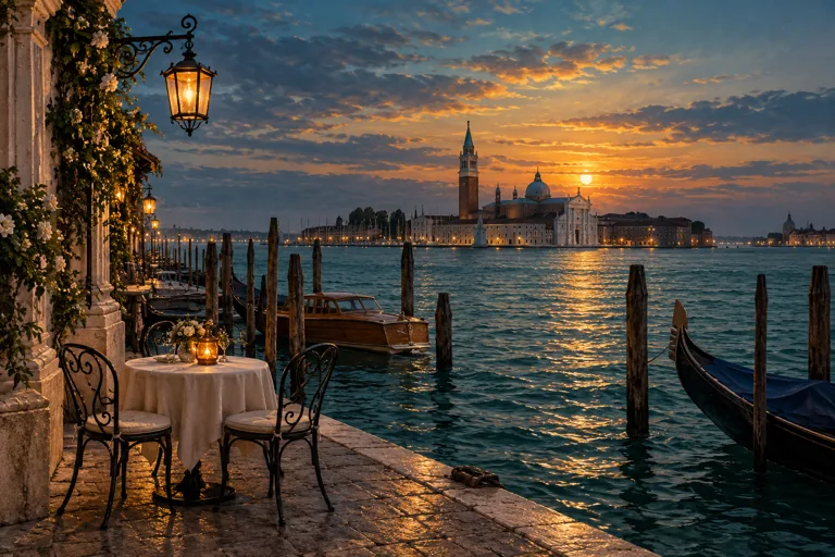A lantern-lit Venetian waterfront and empty café table beside the lagoon at dusk