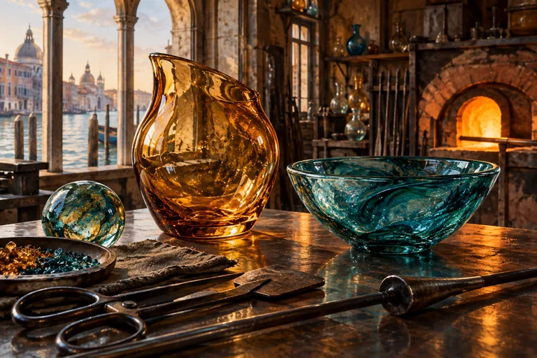 Amber and teal glass vessels with tools in a softly lit glassmaking workshop
