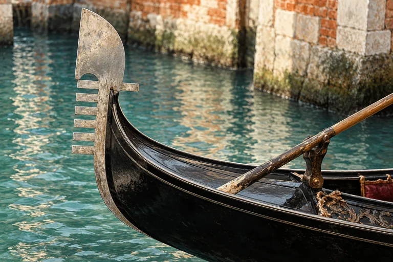 A black gondola bow, silver ferro and wooden oar above rippling teal water