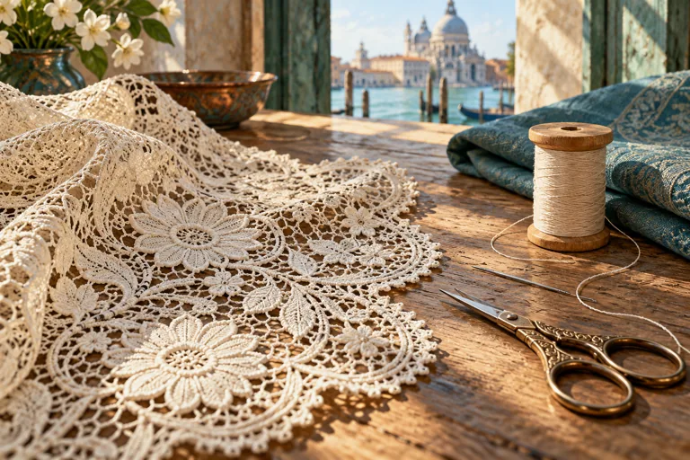 Ivory floral lace, linen thread, a needle and small scissors on a sunlit table