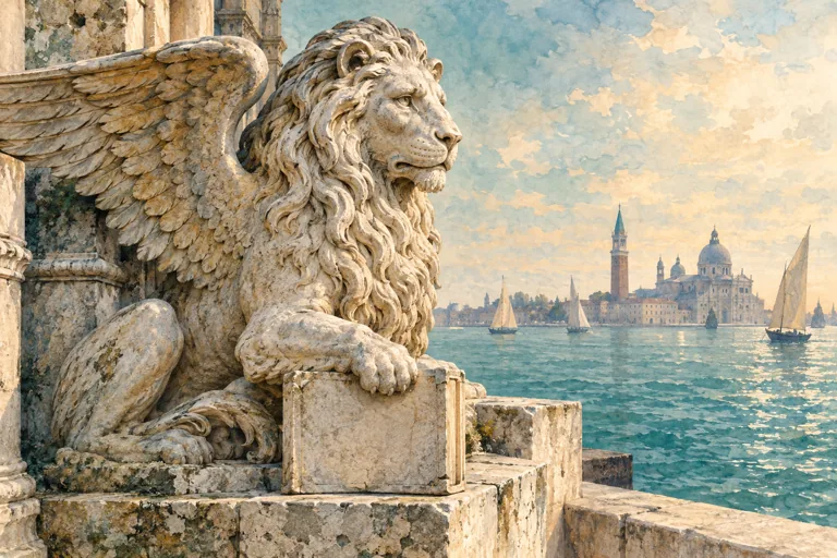 Illustration of a stone winged lion with a closed book beside teal lagoon water and distant sailboats