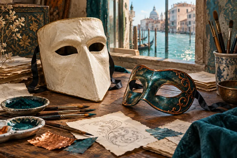 Papier-mâché Venetian masks, brushes and pigment dishes on an artisan’s worktable