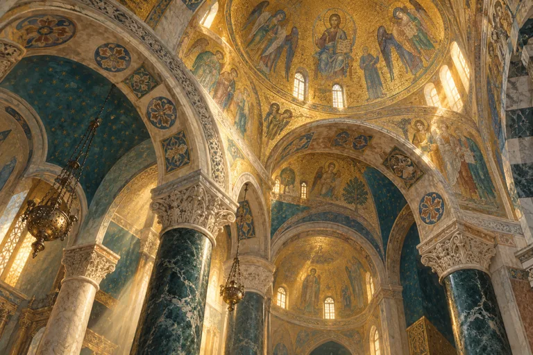 An editorial interpretation of golden mosaic vaults and marble arches in a Venetian basilica