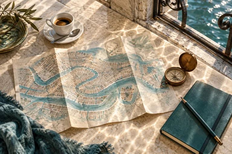 A canal map, espresso, notebook and compass arranged on a sunlit stone table