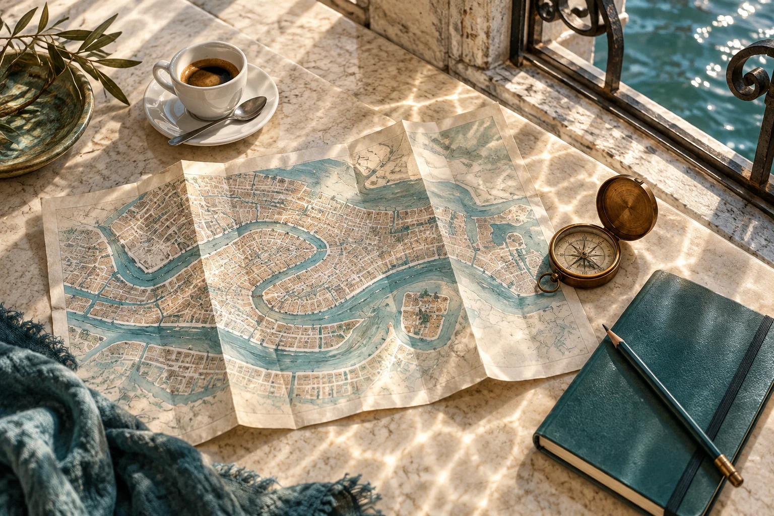 A canal map, espresso, notebook and compass arranged on a sunlit stone table
