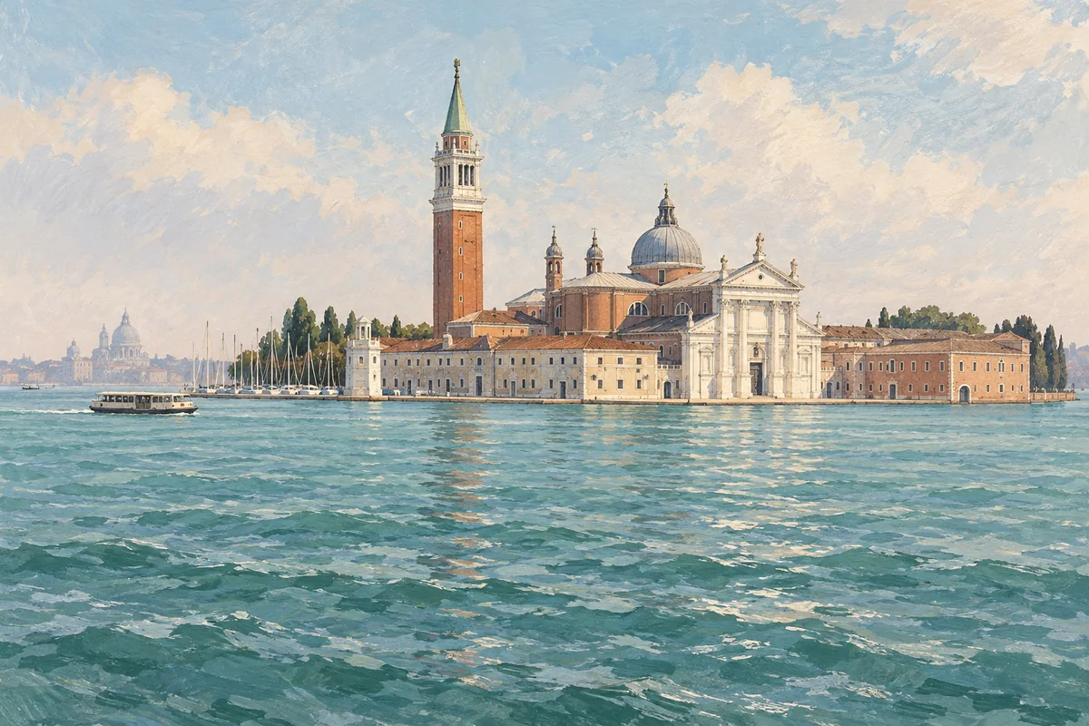 Editorial illustration of San Giorgio Maggiore’s church and campanile across blue-green lagoon water, with a small distant waterbus.