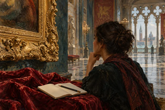 Editorial illustration of a visitor studying a gilded painting frame beside crimson drapery and an open notebook in a Venetian-style hall.